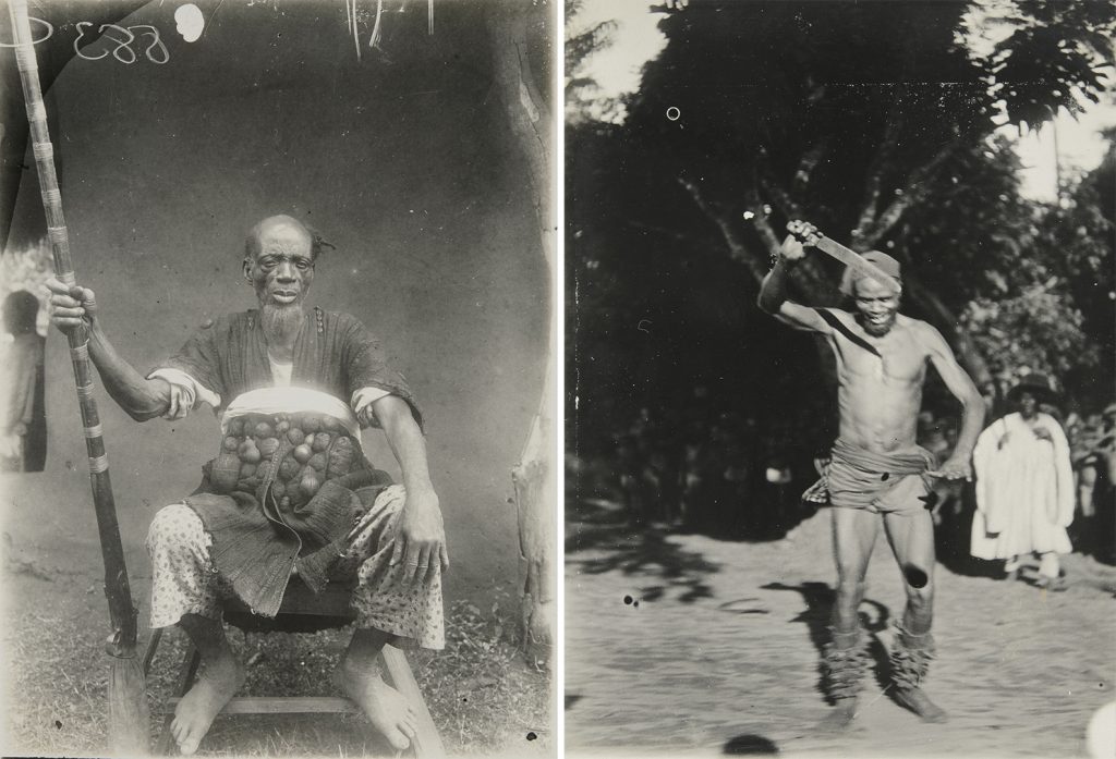 Left: chief clothed in war dress, Sabongida, 1909; right: Ebisua dance, Fugar, 1909.