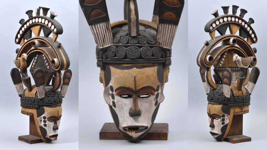 Maiden spirit mask collected by Northcote Thomas in Agukwu Nri, Nigeria. Prior to conservation.