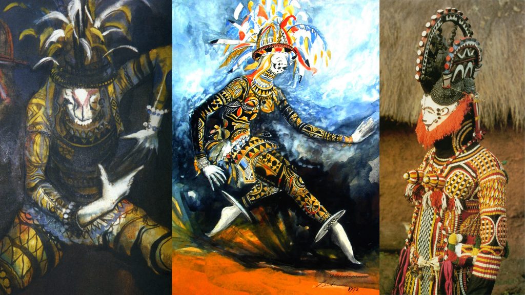 Left and centre: Agbogho mmuo (maiden spirit masquerade) as painted by Ben Enwonwu. Right: Photograph of Agbogho mmuo costume by G. I. Jones.