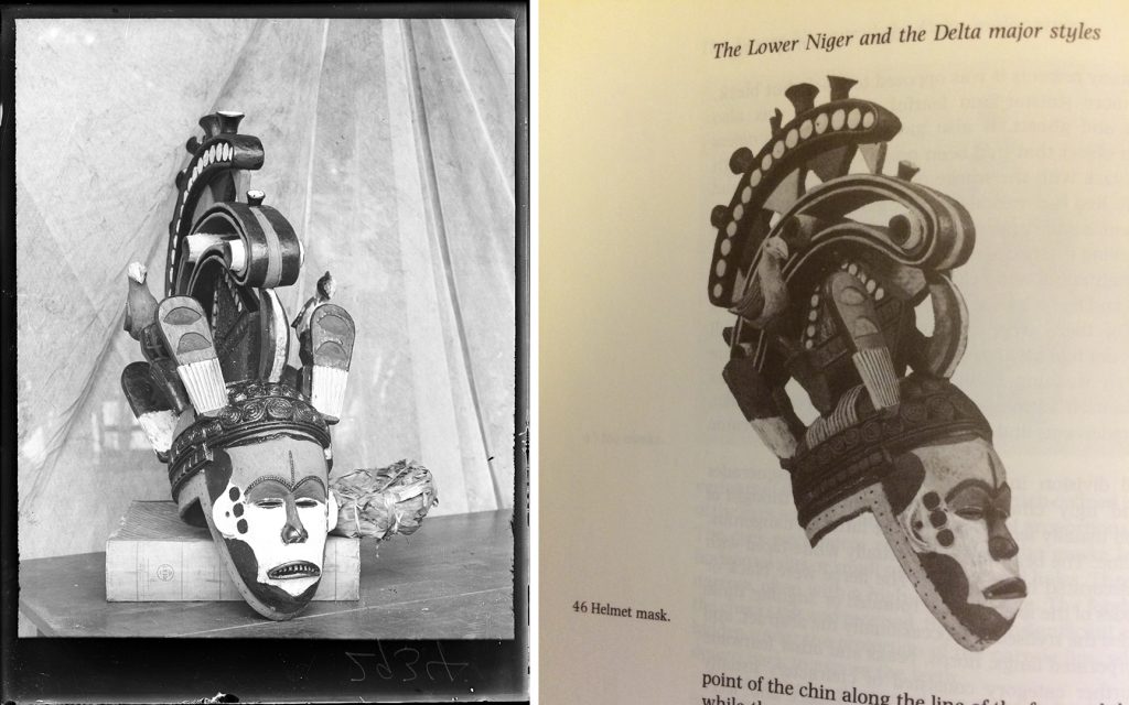 Left: Photograph of maiden spirit mask collected by Northcote Thomas in Agukwu Nri at the time of acquisition in 1911; Right: Photograph of the mask published in G. I. Jones' Art of Southeast Nigeria.