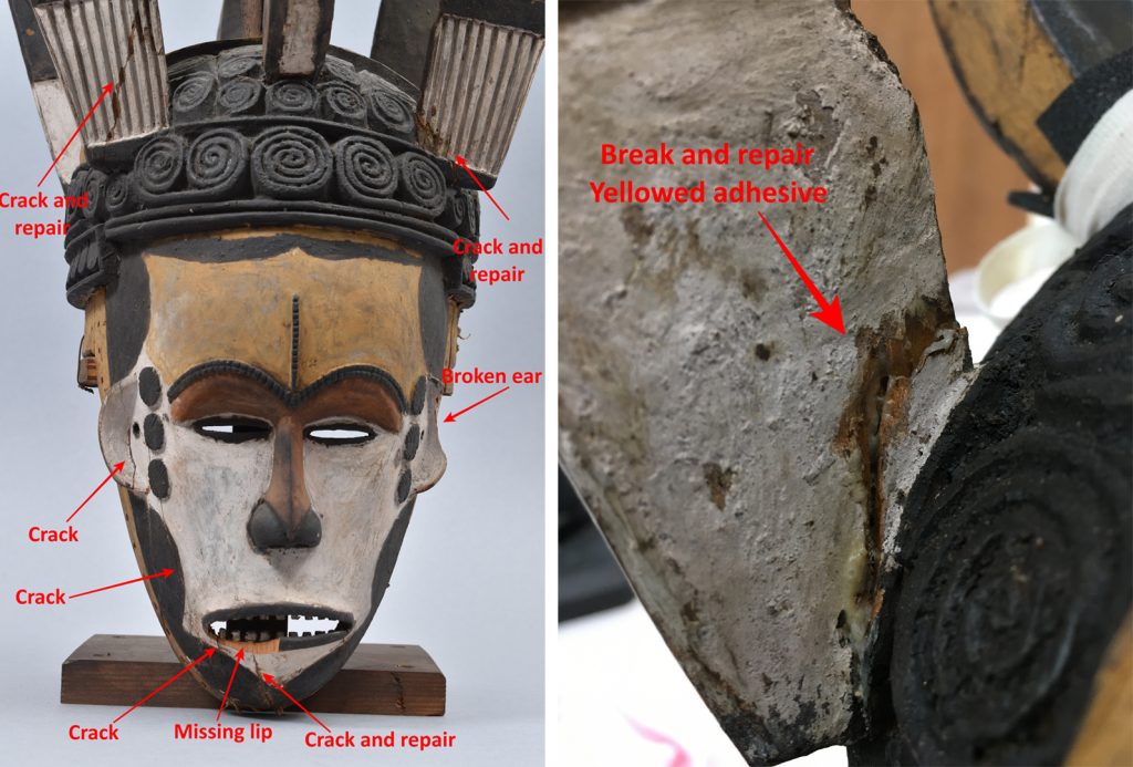 Left and centre: Maiden spirit mask collected by Northcote Thomas in Agukwu Nri, Nigeria, noting damage to mask.