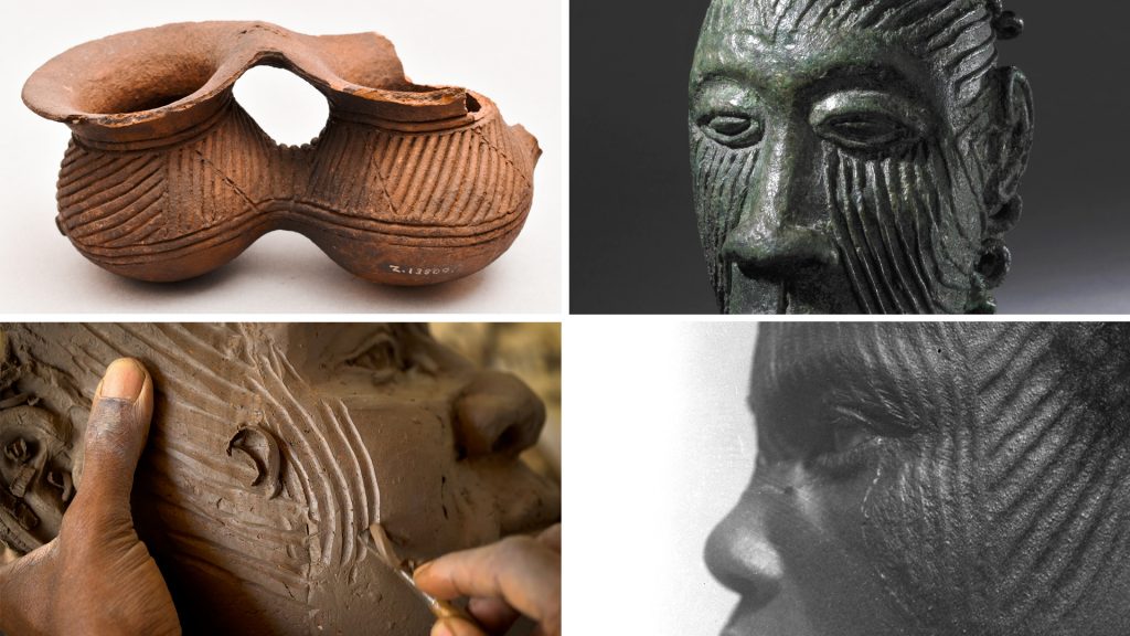 Ichi marks on pottery, Igboukwu pendant, Northcote Thomas photograph and Ozioma Onuzulike face fragment