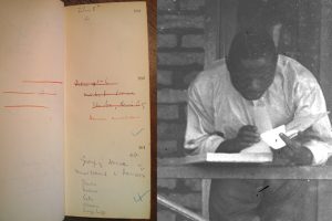 Assistant making notes in photograph register book. Peripheral presences in N. W. Thomas's anthropological photography. NWT 261 detail.