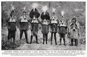 Northcote Thomas's photograph of Eliminya masquerade costumes, Otuo as published in Peoples of All Nations in 1922.