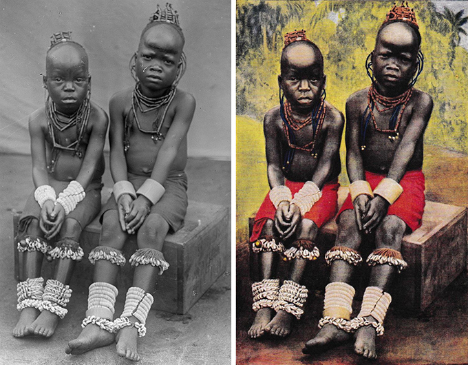 Comparison of Northcote Thomas's original photograph 4136 and the coloured version published in Peoples of All Nations