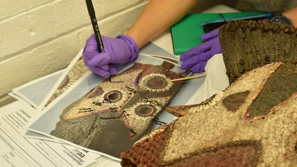 UCL Conservation student conducting visual inspect of mask collected by N. W. Thomas for condition report