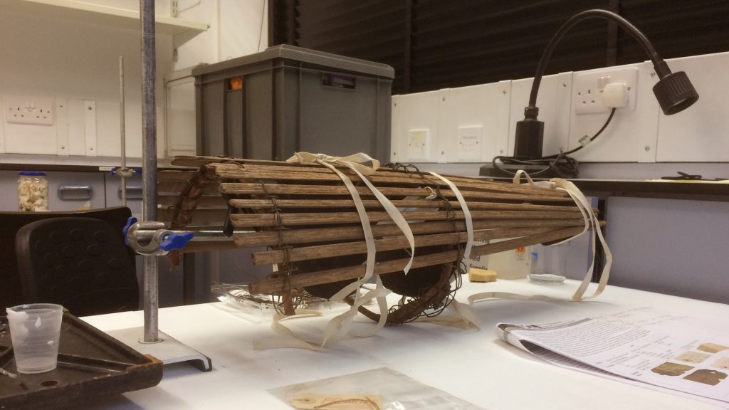 Fish trap collected by N. W. Thomas being reconstructed in UCL Conservation Lab