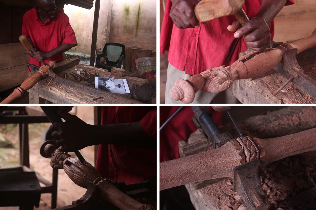 Felix Ekhator carving new commission of ukhure featuring Northcote Thomas, Benin City