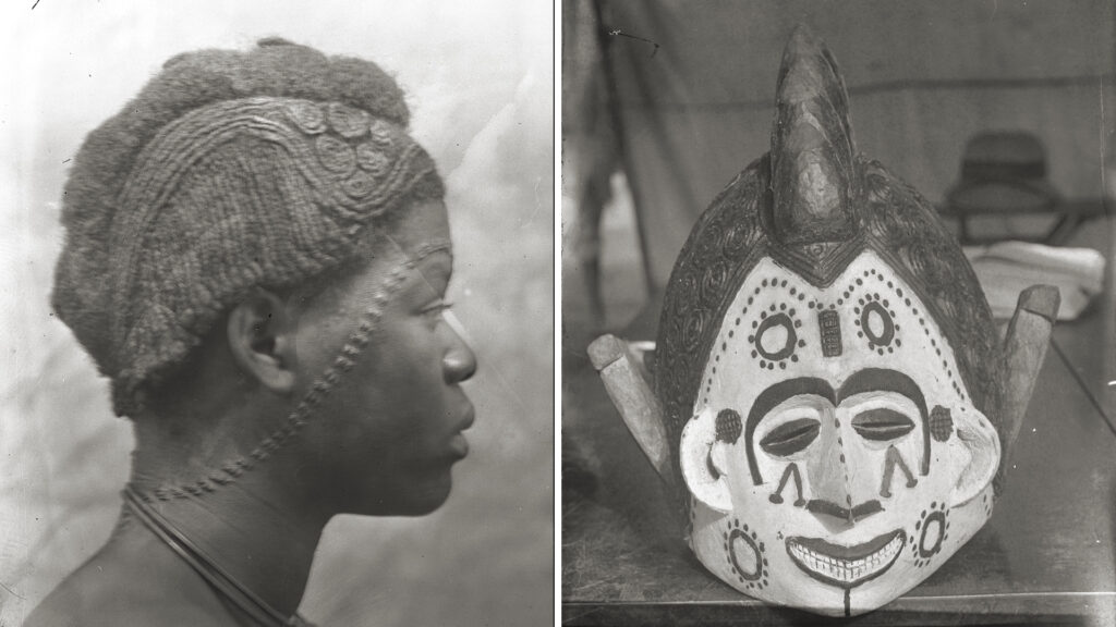 Uli designs in hair dressing and facial scarification. Left: unnamed young woman photographed by Northcote Thomas in Igbariam, 1911; Right: Photograph of mask collected by Northcote Thomas in Agukwu Nri in 1911.
