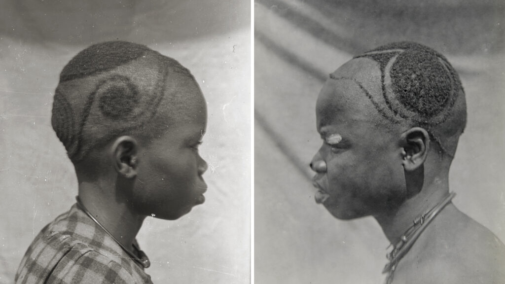 Uli motifs in hair designs. Photographs taken by Northcote Thomas in Awka and Nibo, 1911.